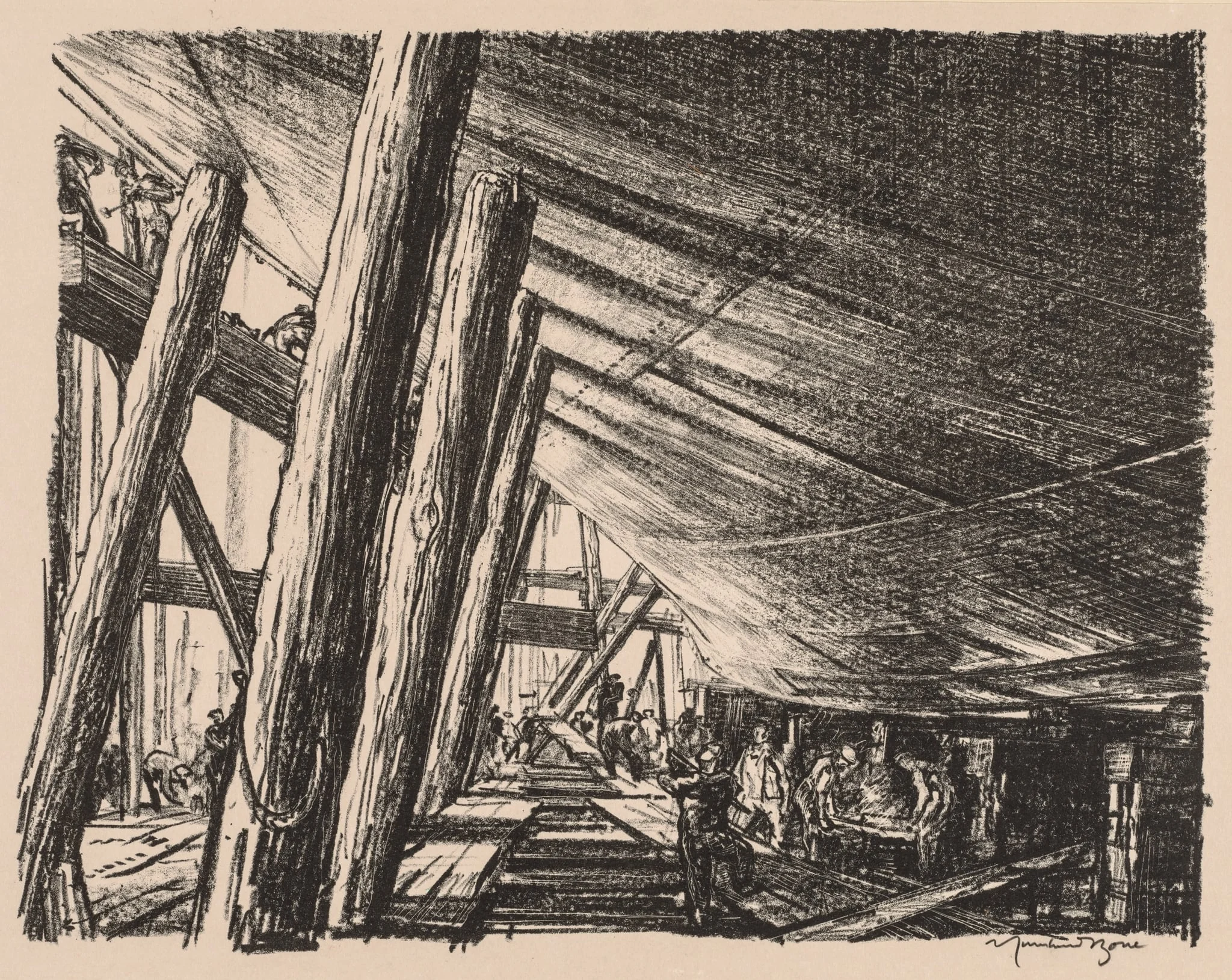 On the Clyde, 1917-1918:  Building a Cross Channel Train Ferry, by Muirhead Bone, 1918