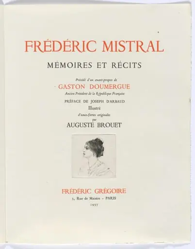 Frédéric Mistral: Mémoires et Recits by Frédéric Mistral: title page, bust of woman in profile