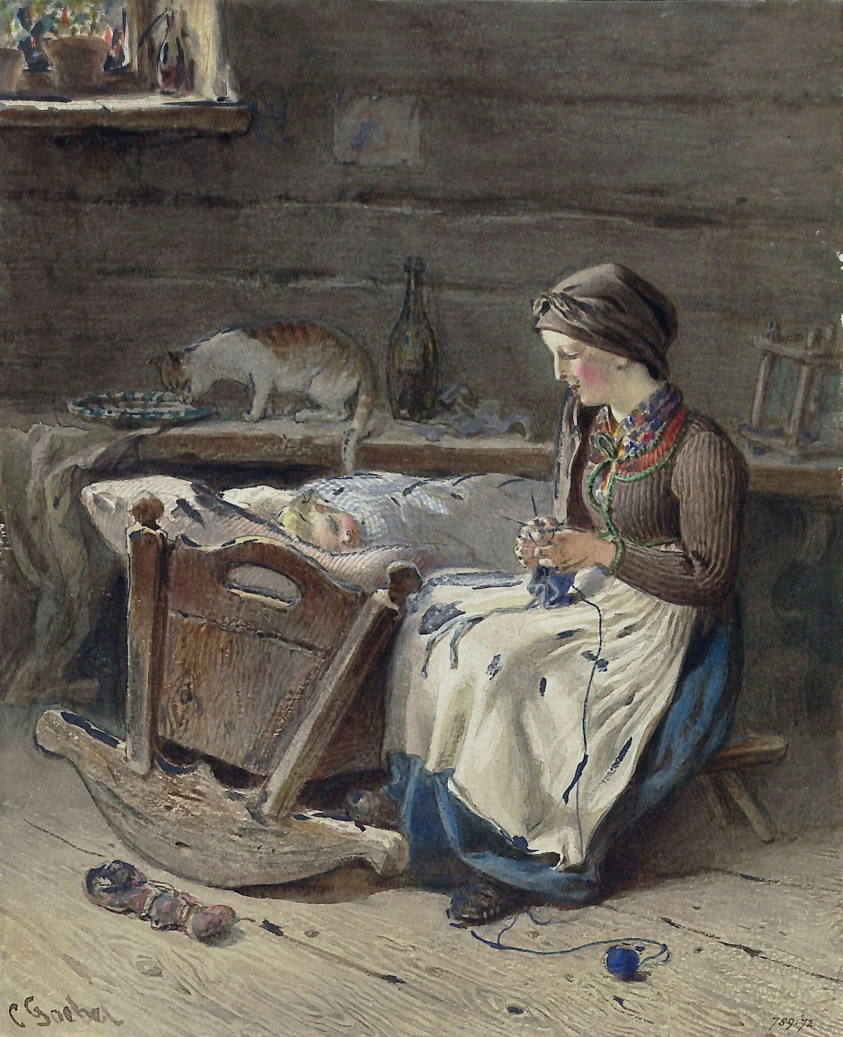 Young peasant woman rocking an infant in its cradle