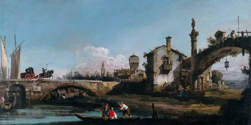 Capriccio with Two Bridges and Figures, by Bernardo Bellotto, oil, 1740