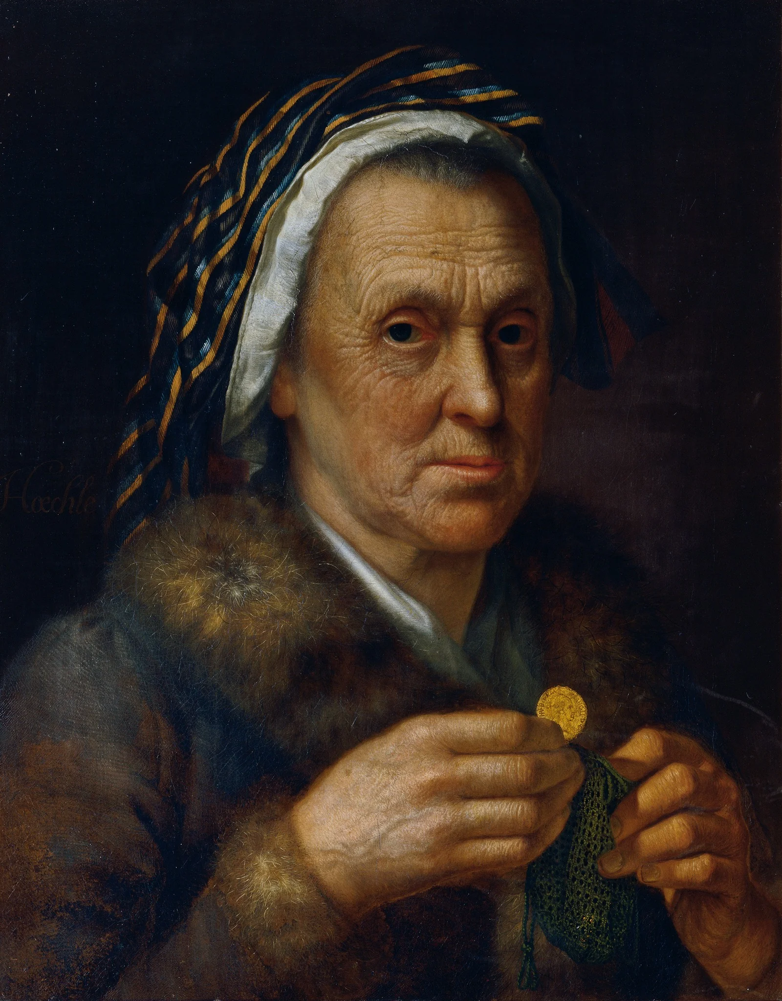 Alte Frau mit einem Dukaten, by Johann Baptist Hoechle, oil, 1803