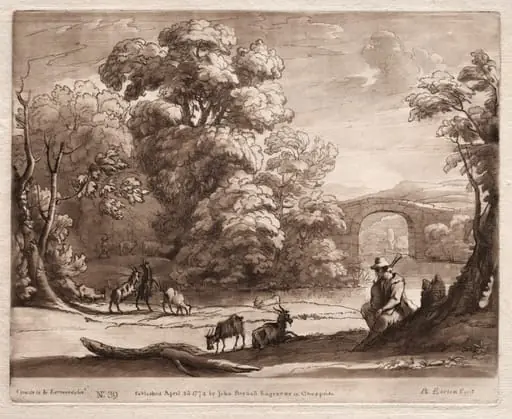 Liber Veritatis:  No. 39, A Landscape with Herdsman Playing a Bagpipe and Goats Browsing