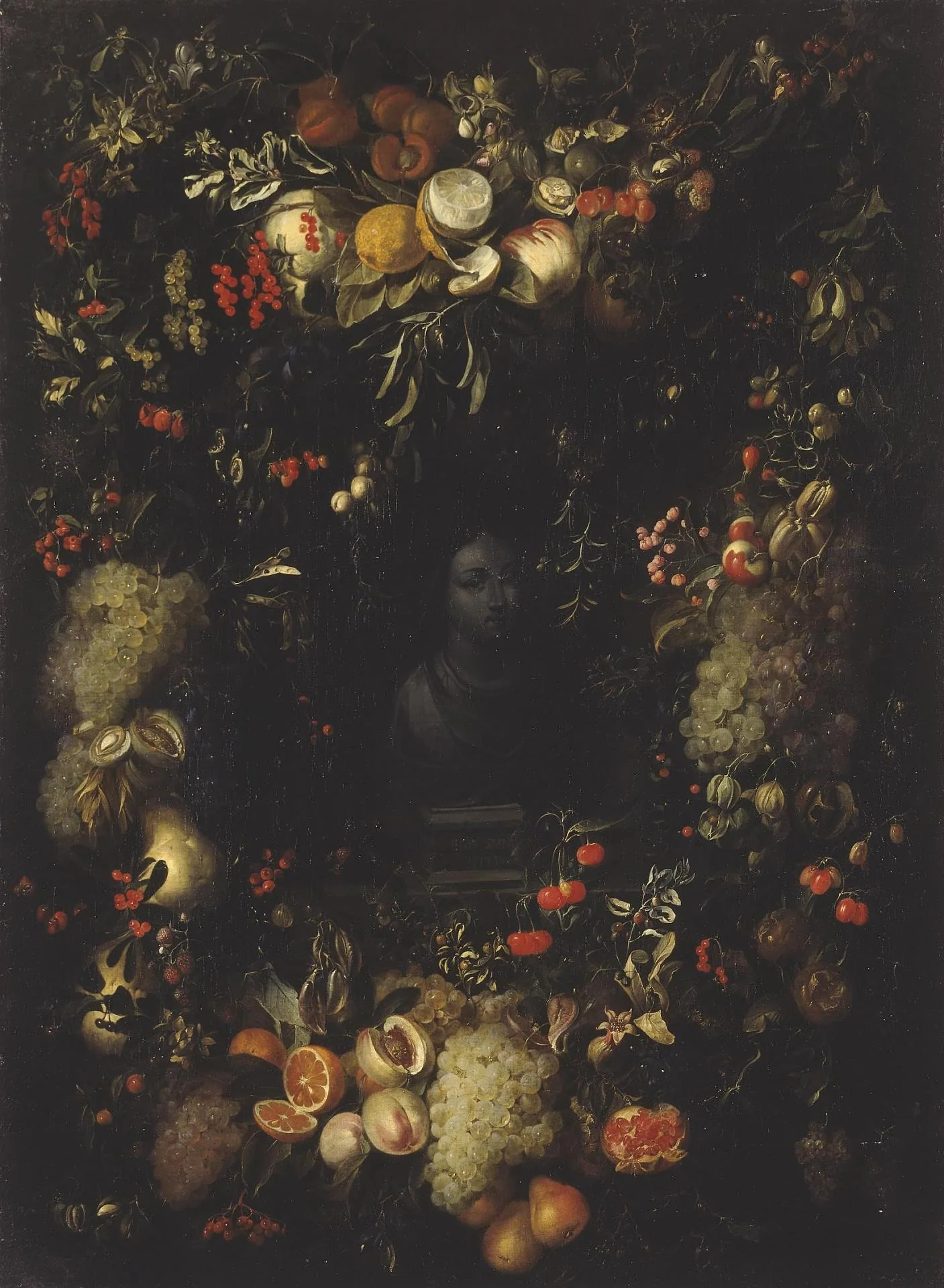 Bust of the Virgin Framed with a Garland of Fruit, by Jan van den Hecke, oil, 1670