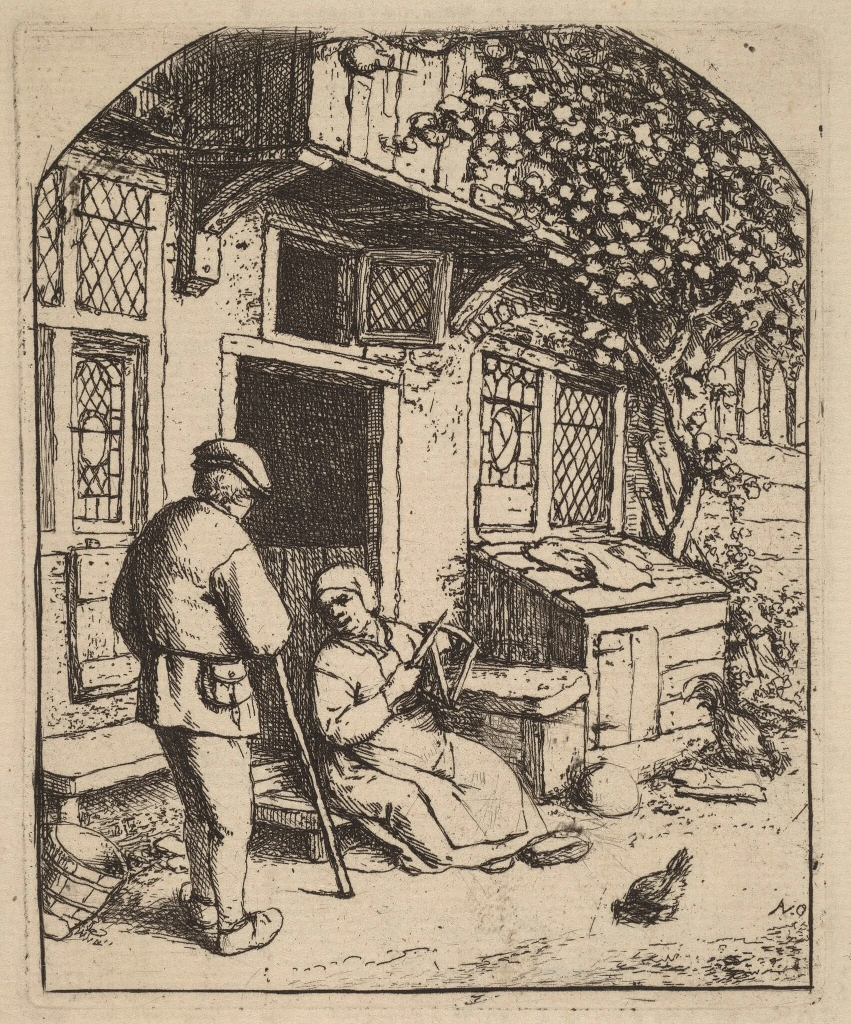 Two Peasants Outside a House, the Woman Winding Wool, by Adriaen van Ostade, ink, 1671