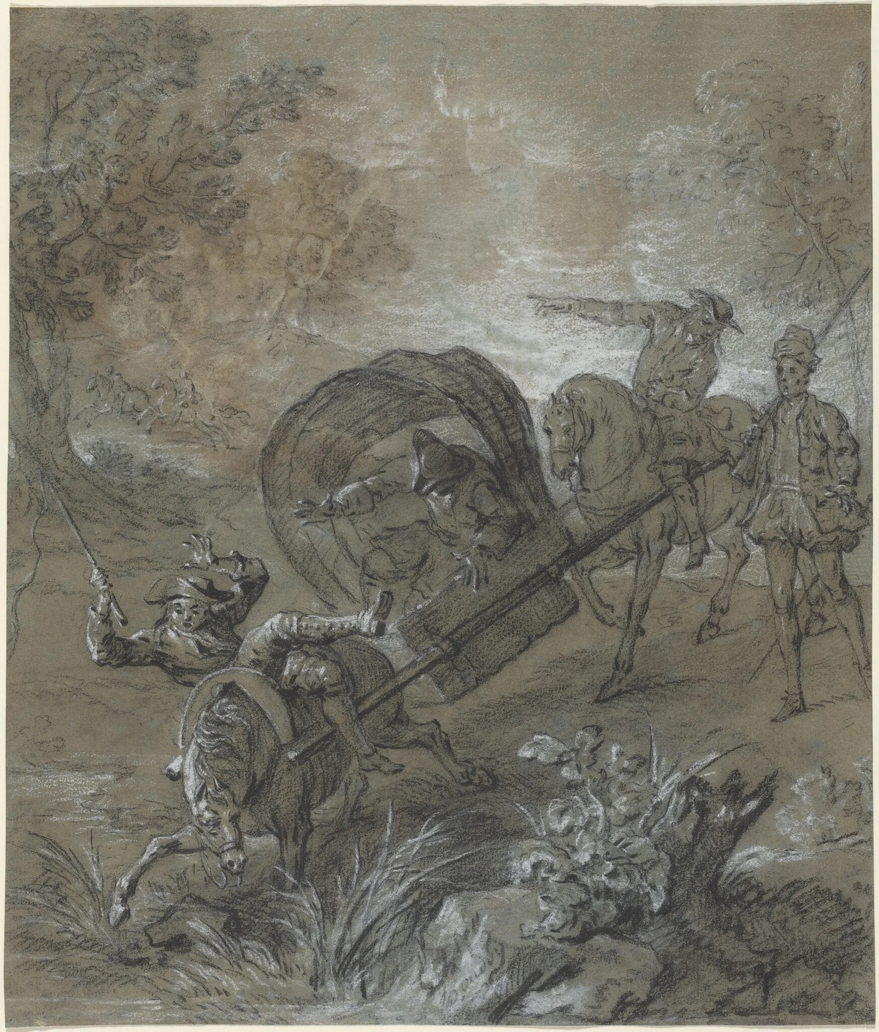 La Rancune en brancard, abattu dans le bourbier, by Jean-Baptiste Oudry, chalk, 1726
