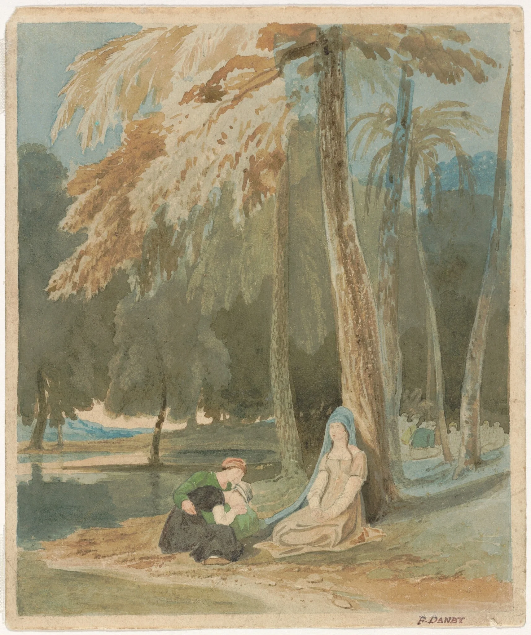 Three Women Seated by a Wooded Lake, by Francis Danby, graphite, 1826
