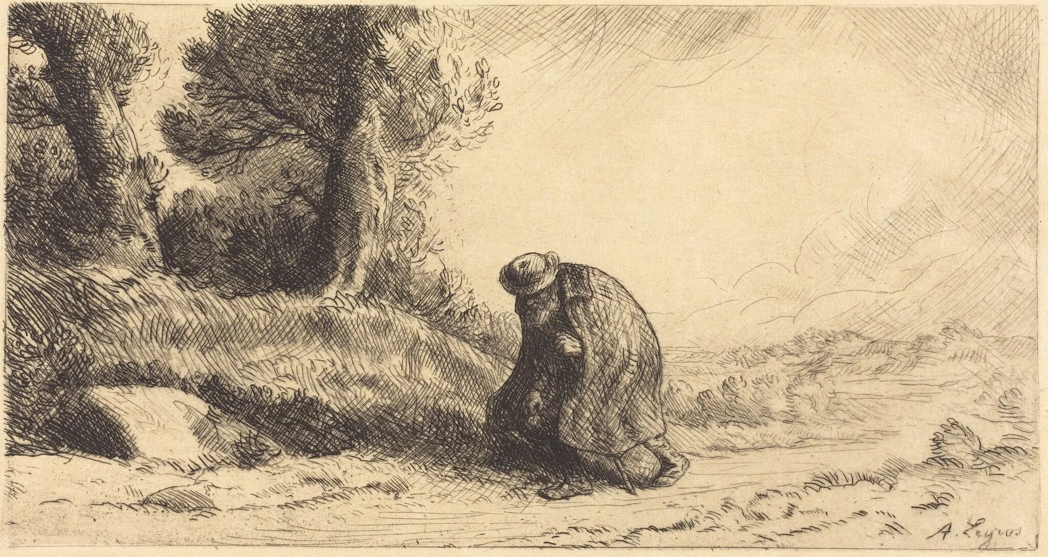 Vagabond Moving along a Lane (Un vagabond passant dans une ruelle), by Alphonse Legros, ink, 1874