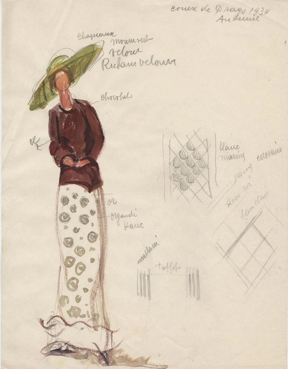 Modeskizze mit Dessinentwürfen, by Unknown, unspecified, 1934