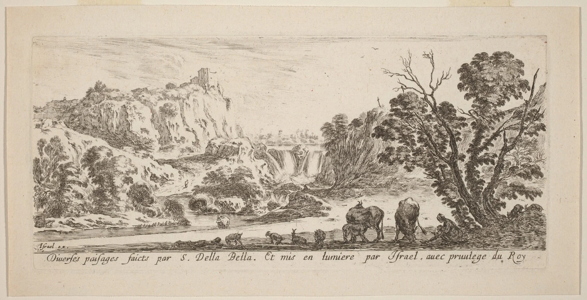 Landscape with Waterfall, by Stefano Della Bella, ink, 1641