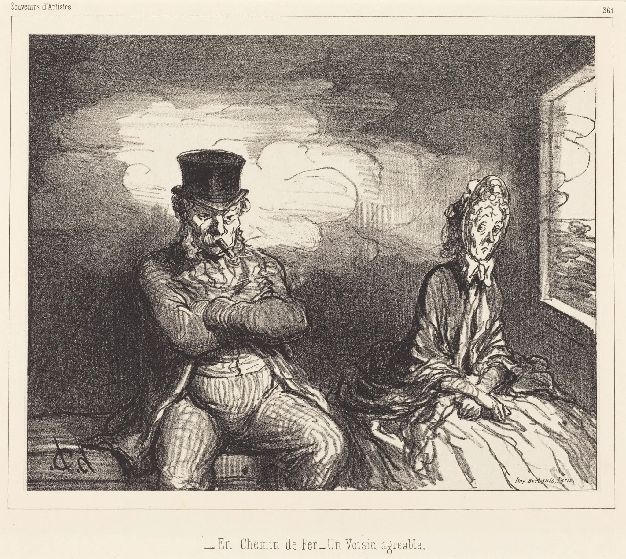 En Chemin de fer... un voisin agréable (On the Railroad... an agreeable neighbor), by Honoré Daumier, ink, 1862