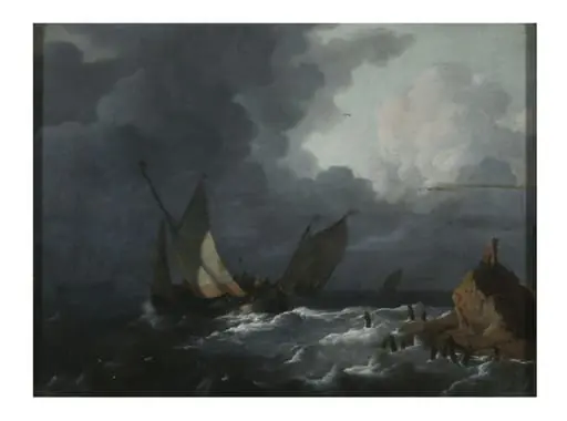 Ships off Shore in a Stormy Sea