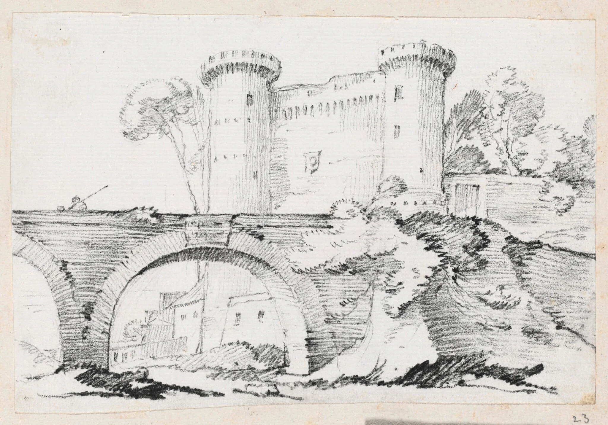 A Stone Bridge and the Fortified Entrance to a Town, by Joseph-Marie Vien, graphite, 1747
