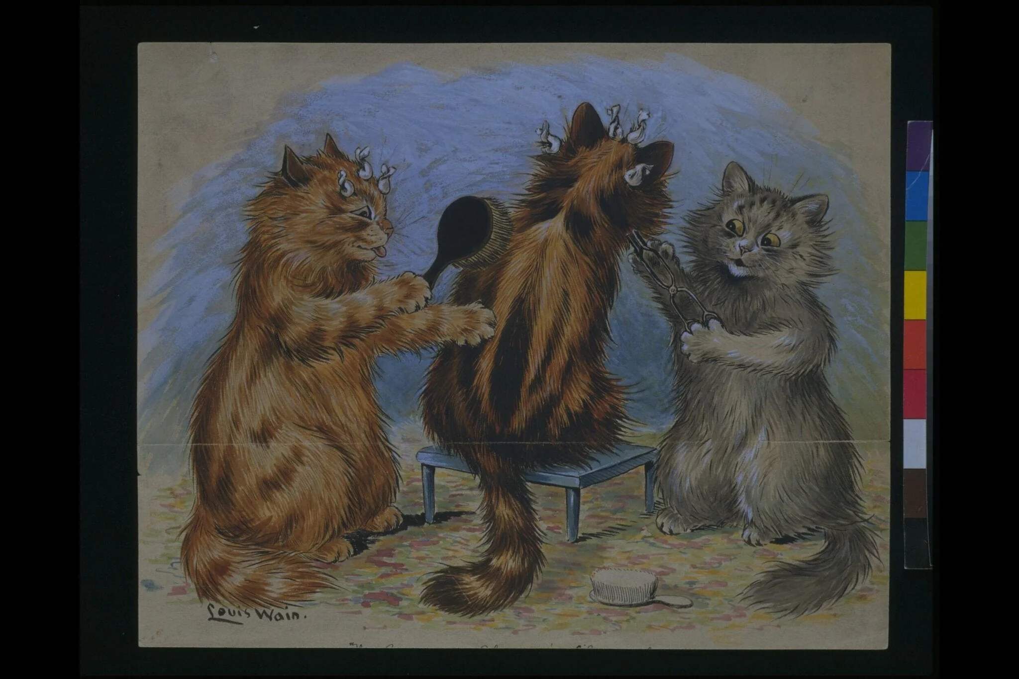 Three kittens preparing for exhibition, by Louis Wain, 1850