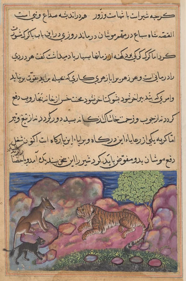 The wolf advises the lion to consult the cat, from a Tuti-nama (Tales of a Parrot): Fifteenth Night, by Unknown, unspecified, 1560