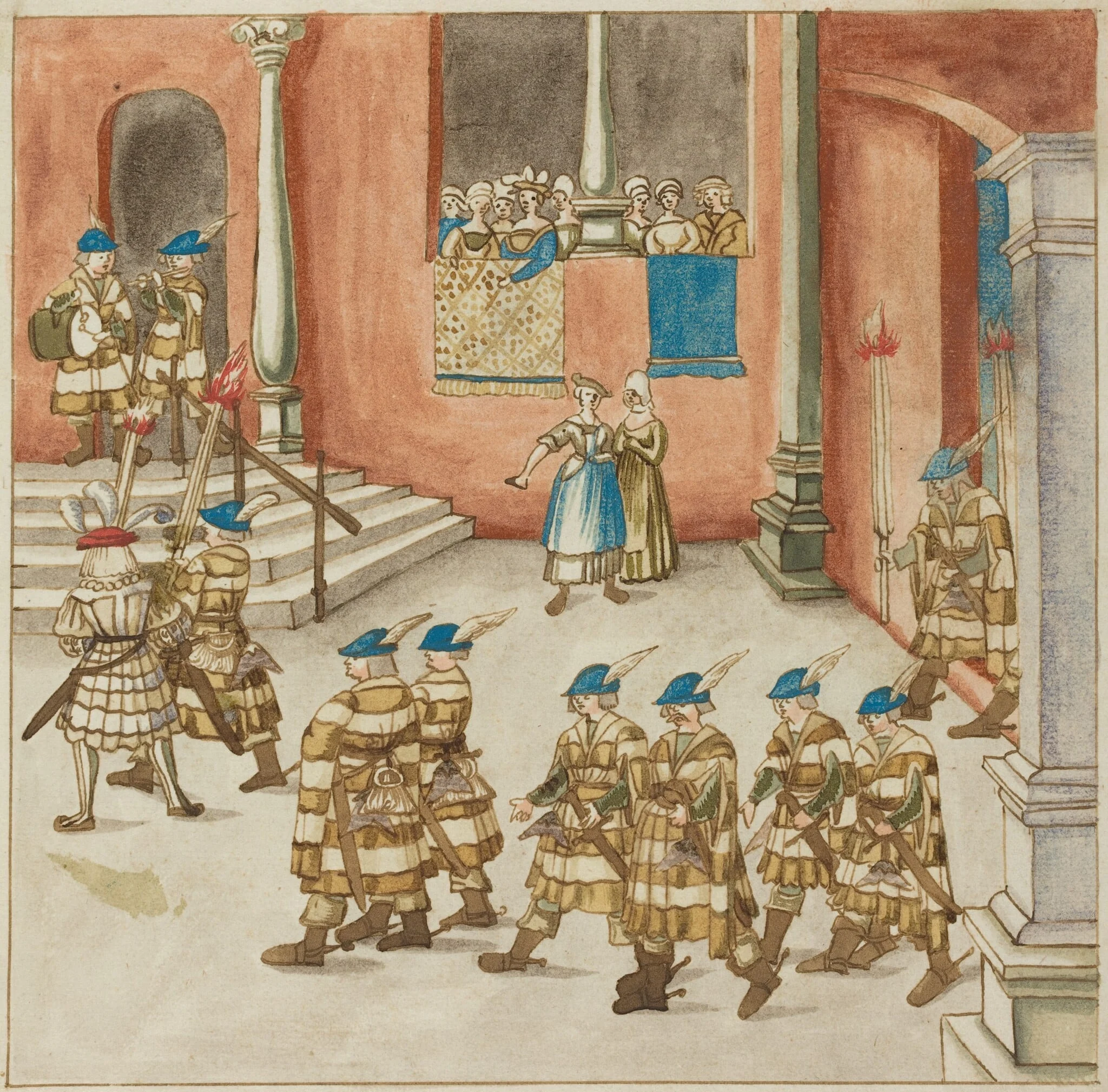 Procession of Knights Viewed by Ladies on a Balcony, by German 16th Century, ink, 1514