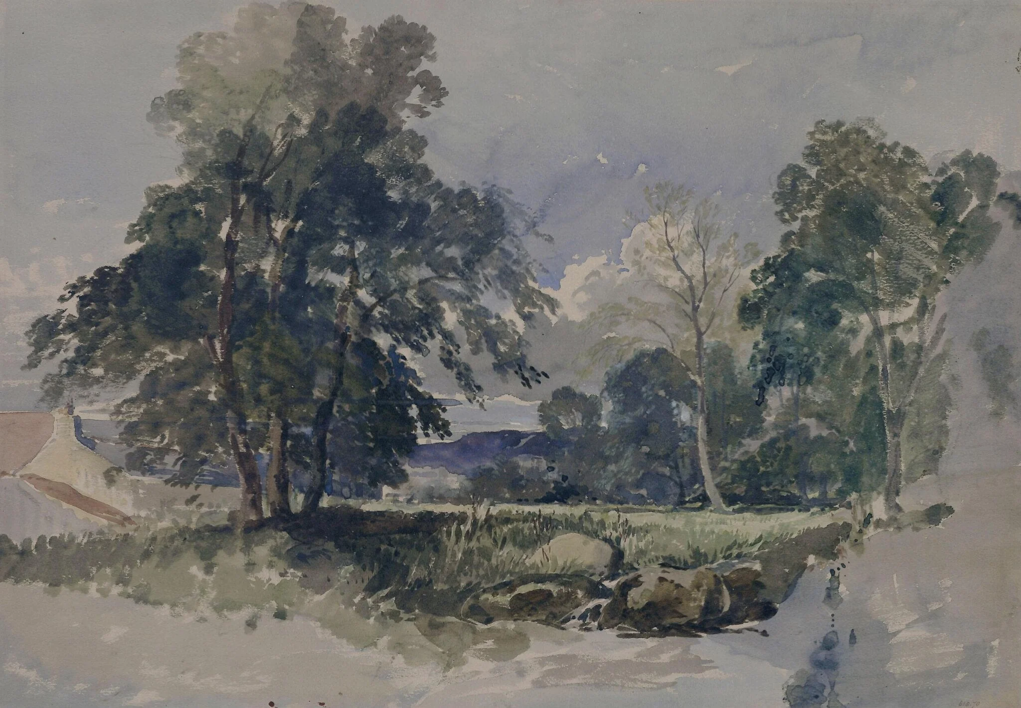 Woody Landscape with rocks and a cottage