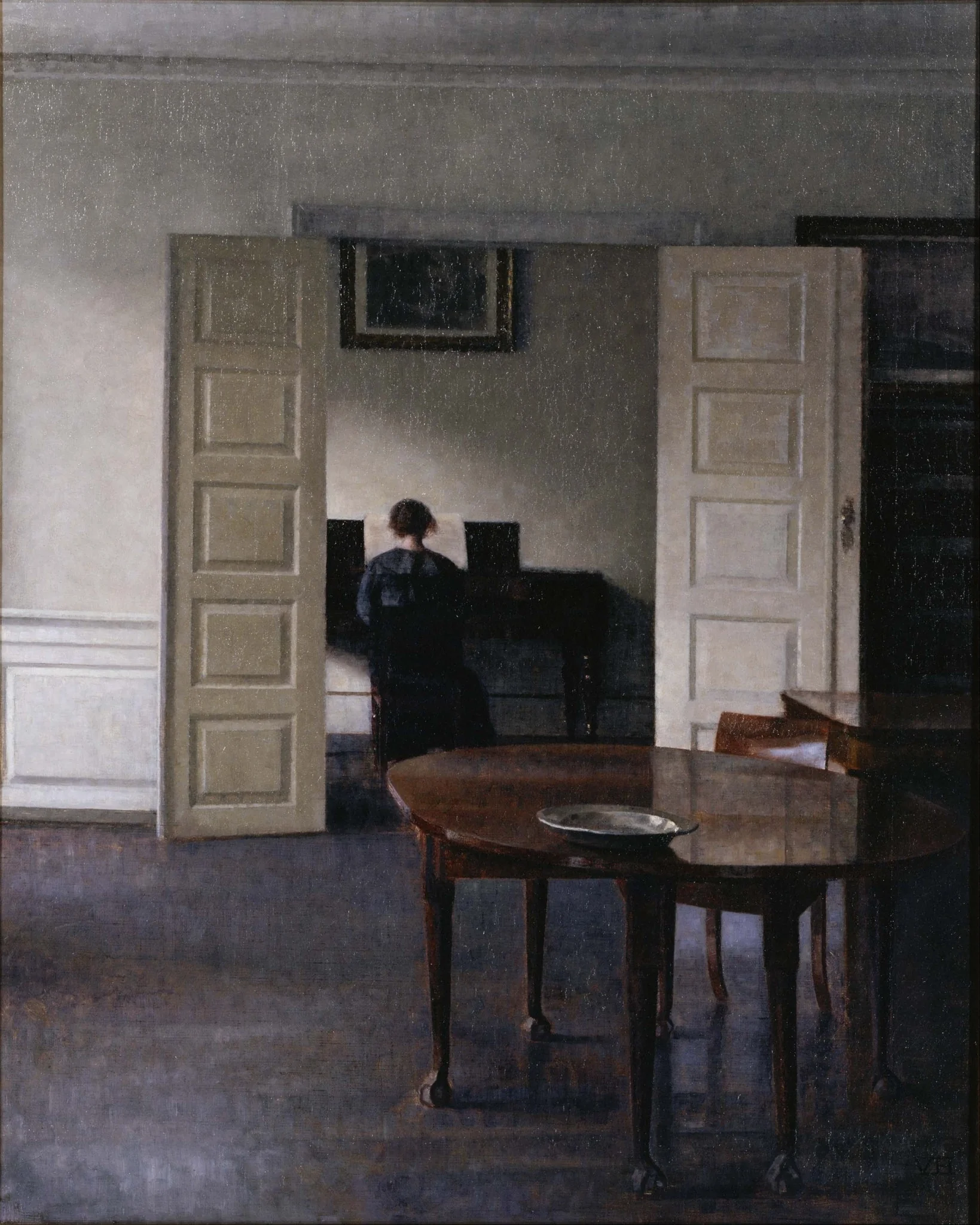Interior with Ida Playing the Piano, by Vilhelm Hammershøi, oil, 1910