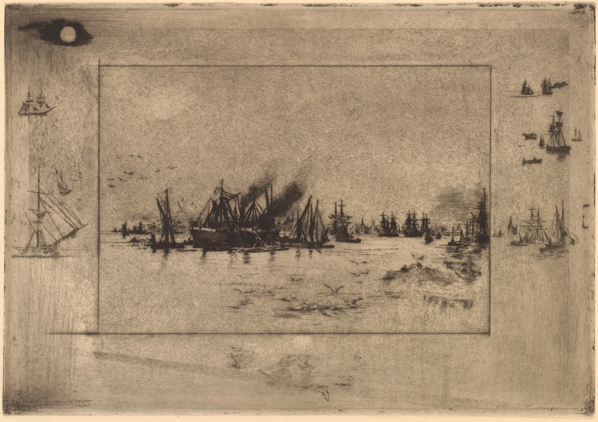 Le Port aux Mouettes (Port with Seagulls), by Félix-Hilaire Buhot, ink, 1886