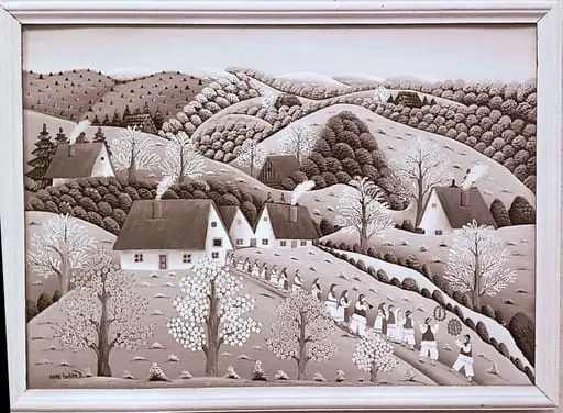 Sequences from the Village Museum, naive painting by Petru Mihuțe - Spring Wedding (1988)