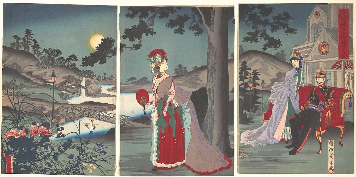 『高貴納涼ノ図』|Nobility in the Evening Cool (Koki nōryō no zu), by Yōshū (Hashimoto) Chikanobu, ink, 1887