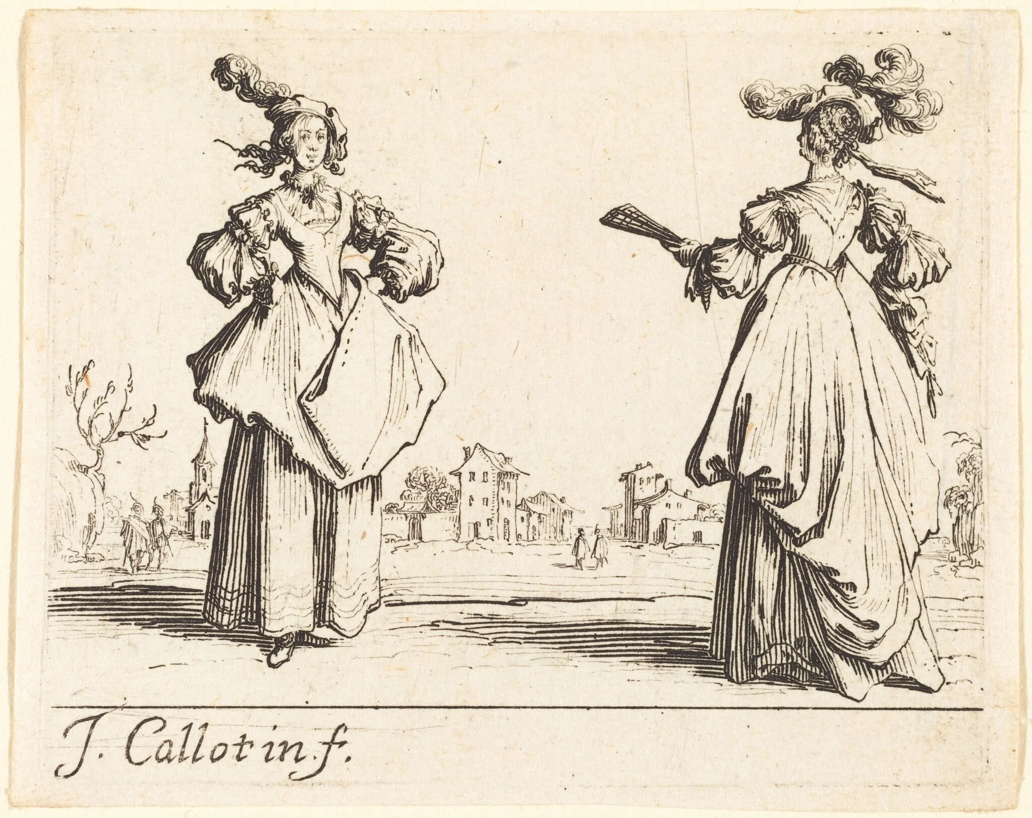 Two Society Women, by Jacques Callot, ink, 1623