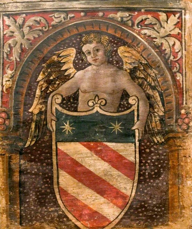 A Cupid with a Coat of Arms (one of 29 painted panels from a frieze)