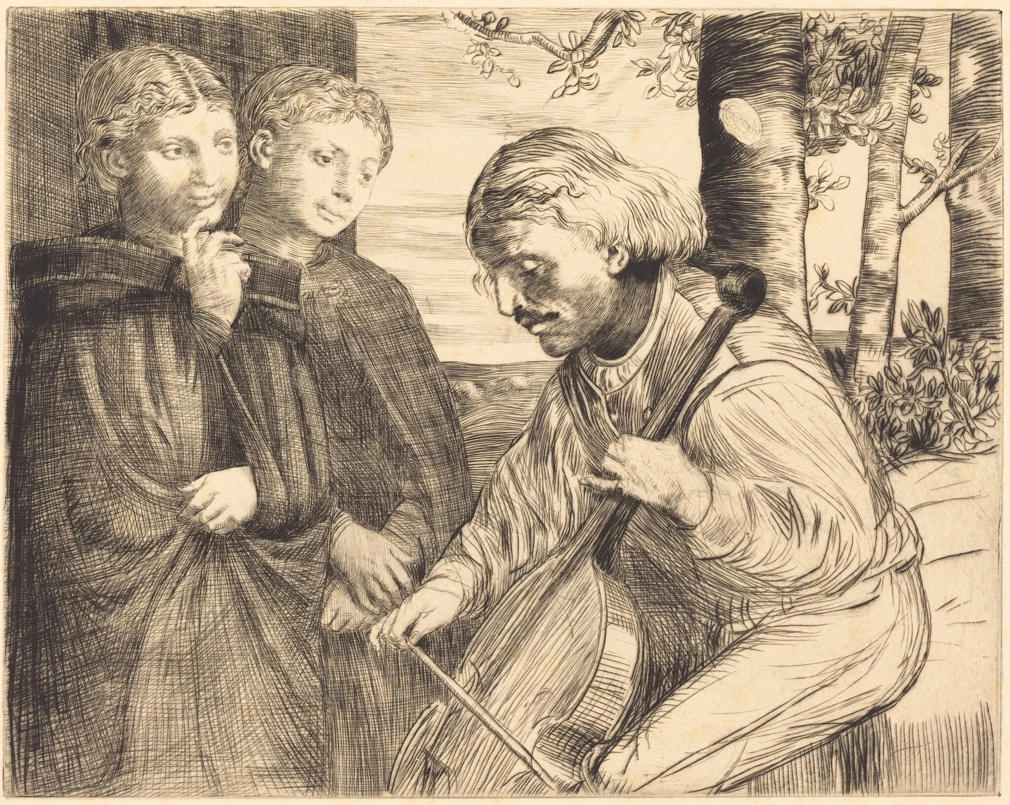 Viol Player (Le joueur de viole), by Alphonse Legros, ink, 1874