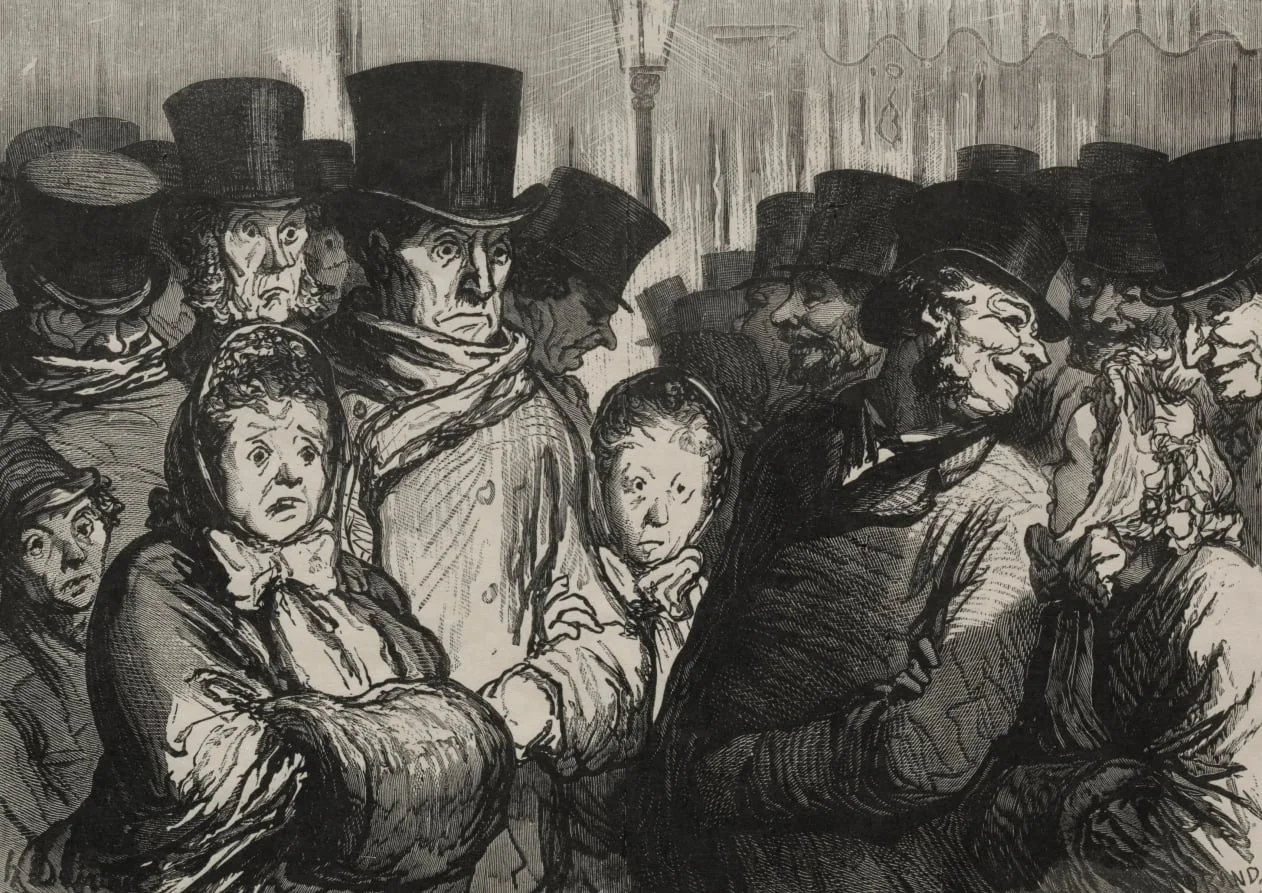 A Street at Midnight: Coming out of a drama. Coming out of a variety show, by Honoré Daumier, 1863