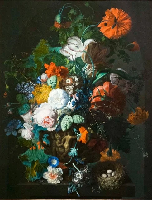 Flower Still Life with Bird's Nest, by Jan van Huysum, oil, 1718