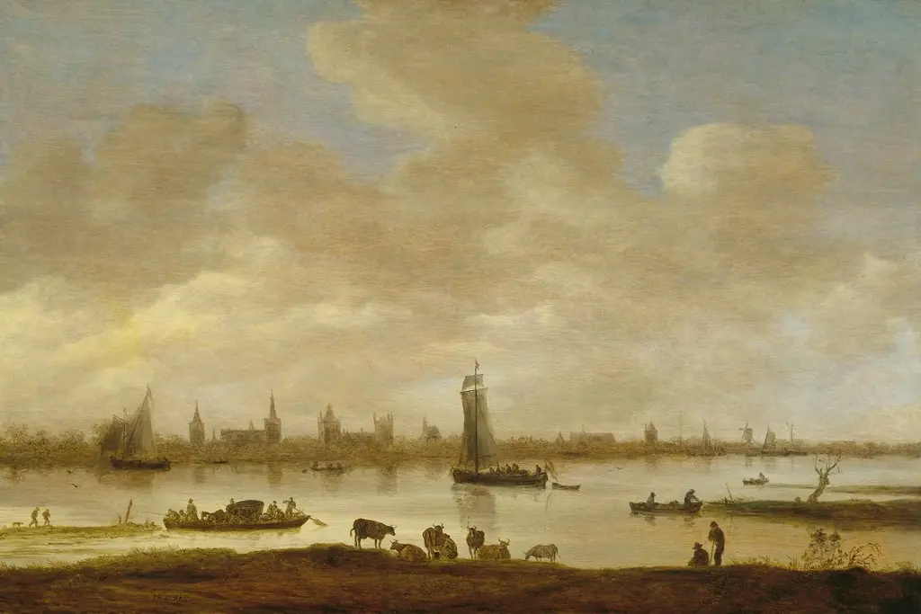 View of an imaginary town across a river with the Vianen tower of Saint Pol
