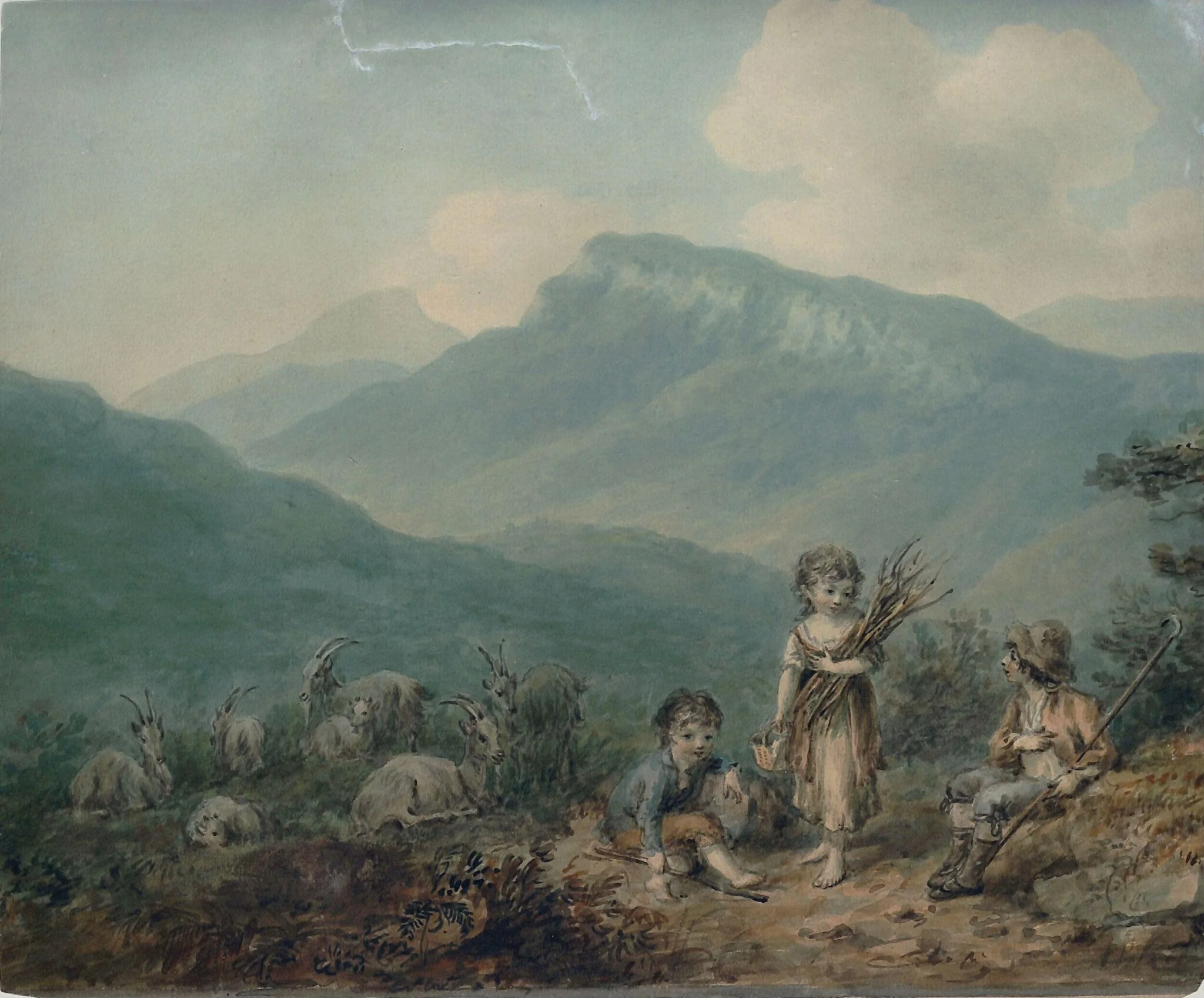 Children and goats, by Nicholas Pocock, watercolor, 1750