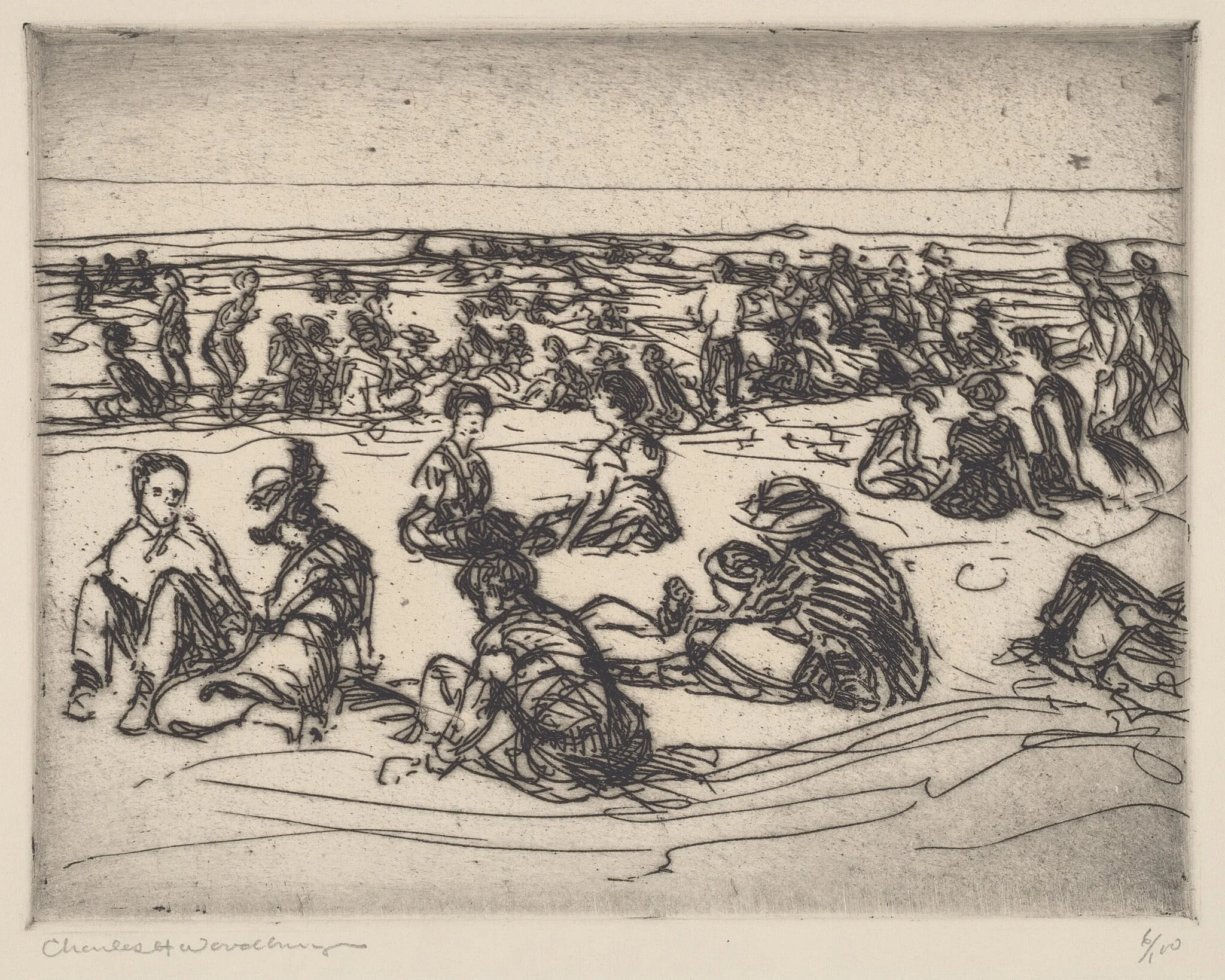 On the Beach, by Charles H. Woodbury, ink, 1920