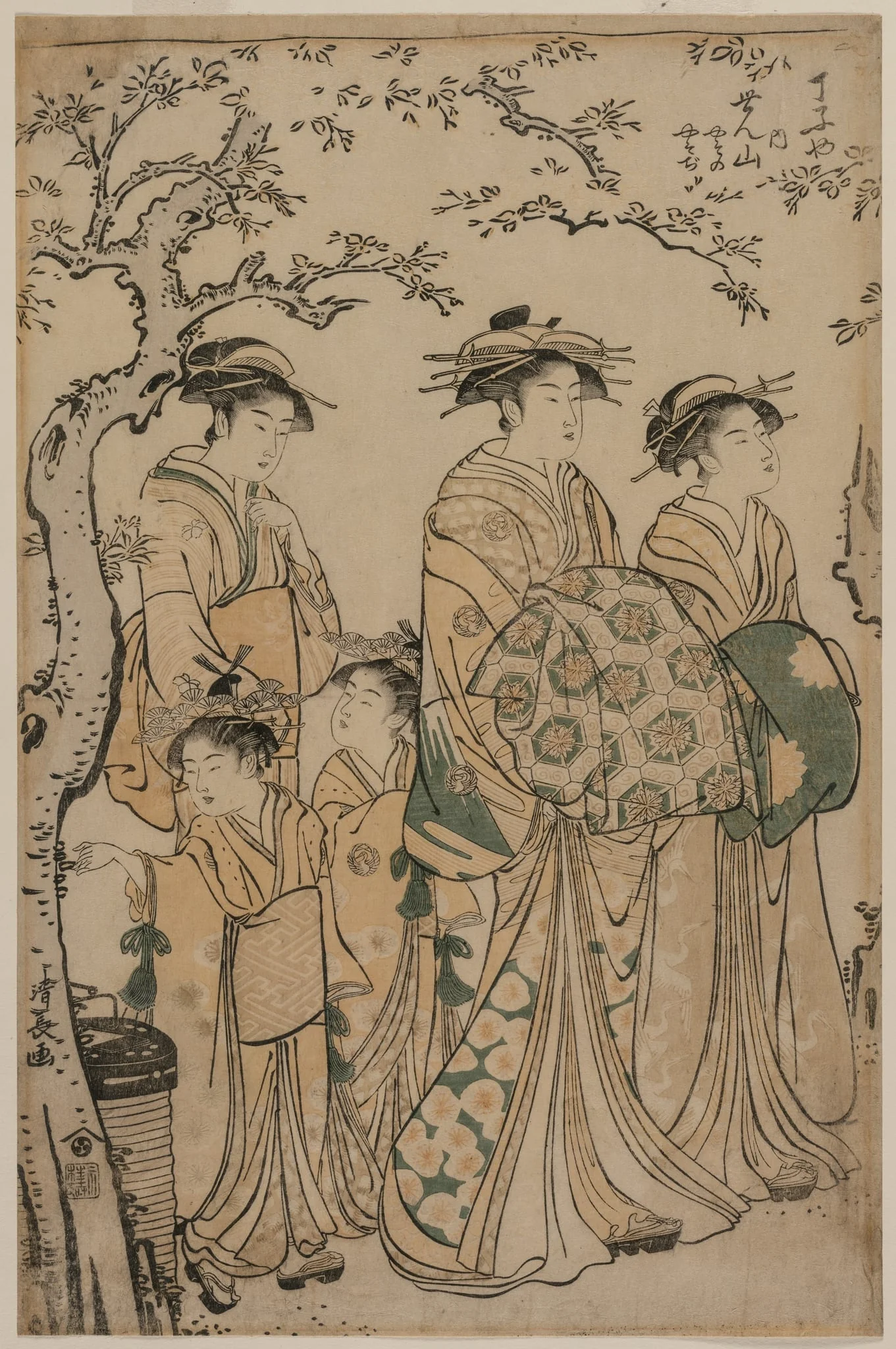 The Courtesan Senzan of Chojiya Strolling with her Kamuro Yasono and Yasoji and Two Shinzo, by Torii Kiyonaga, 1786