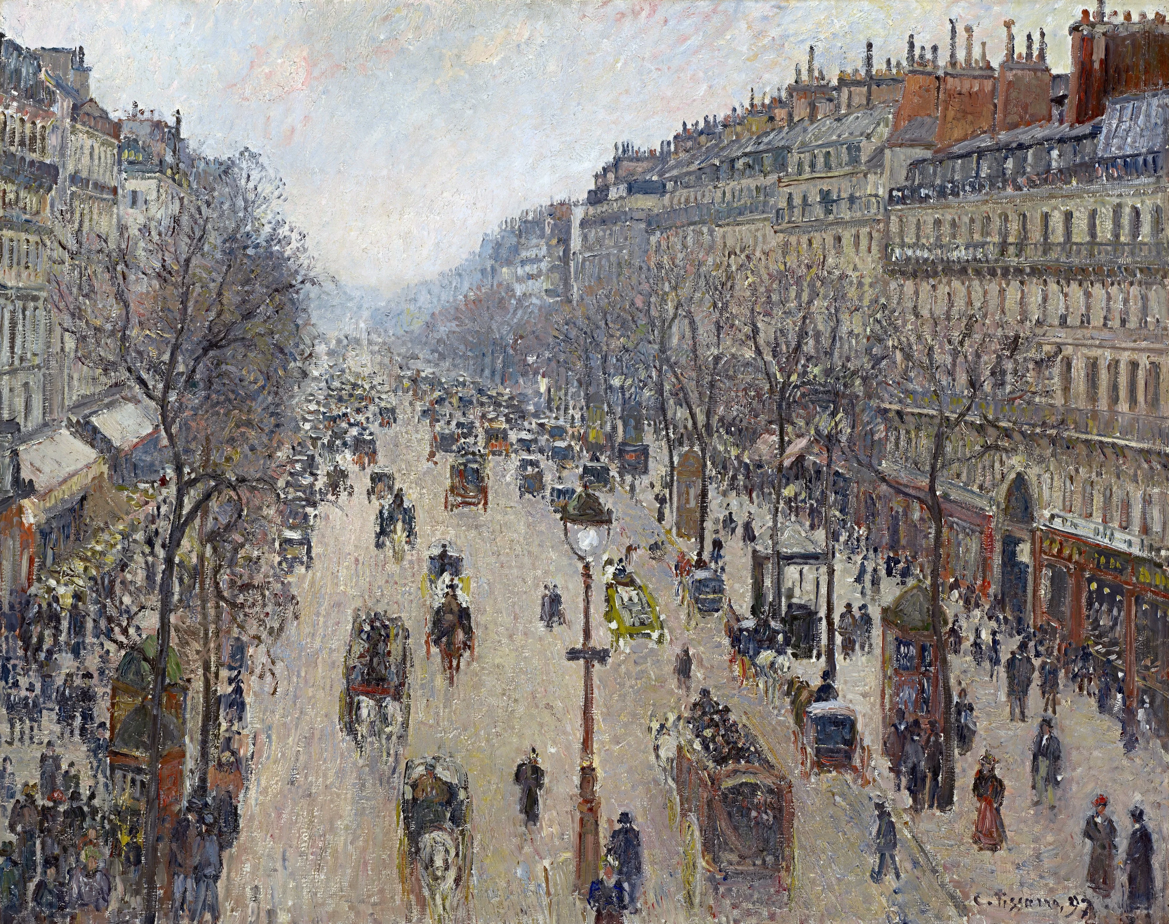 Boulevard Montmartre, morning, cloudy weather, by Camille Pissarro, oil, 1899