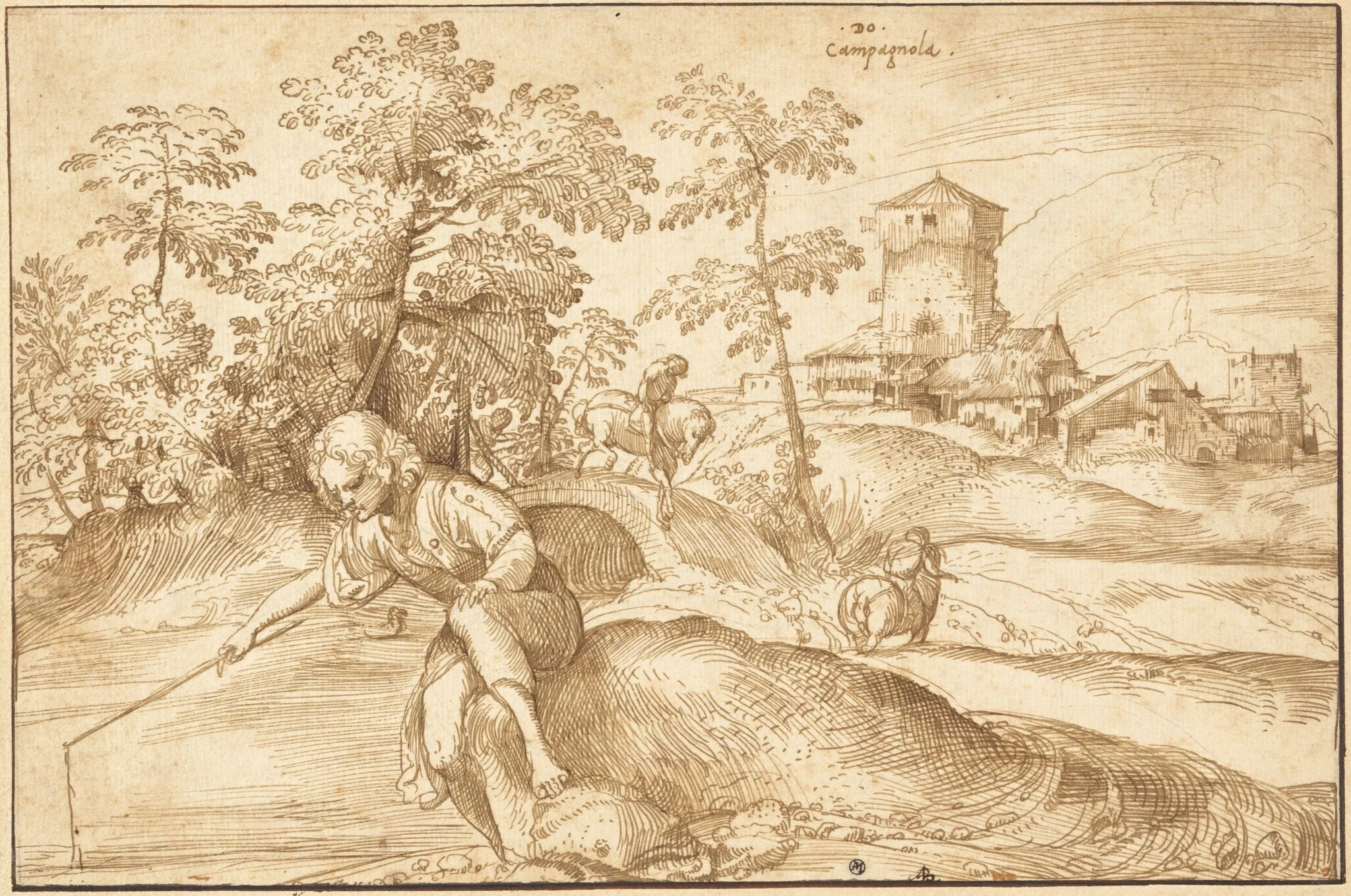 Landscape with a Boy Fishing, by Domenico Campagnola, ink, 1516