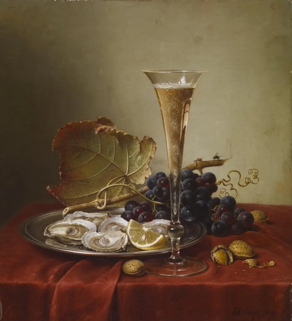 Grapes, Oysters, Hazlenuts and a Champagne Flute on a draped Ledge