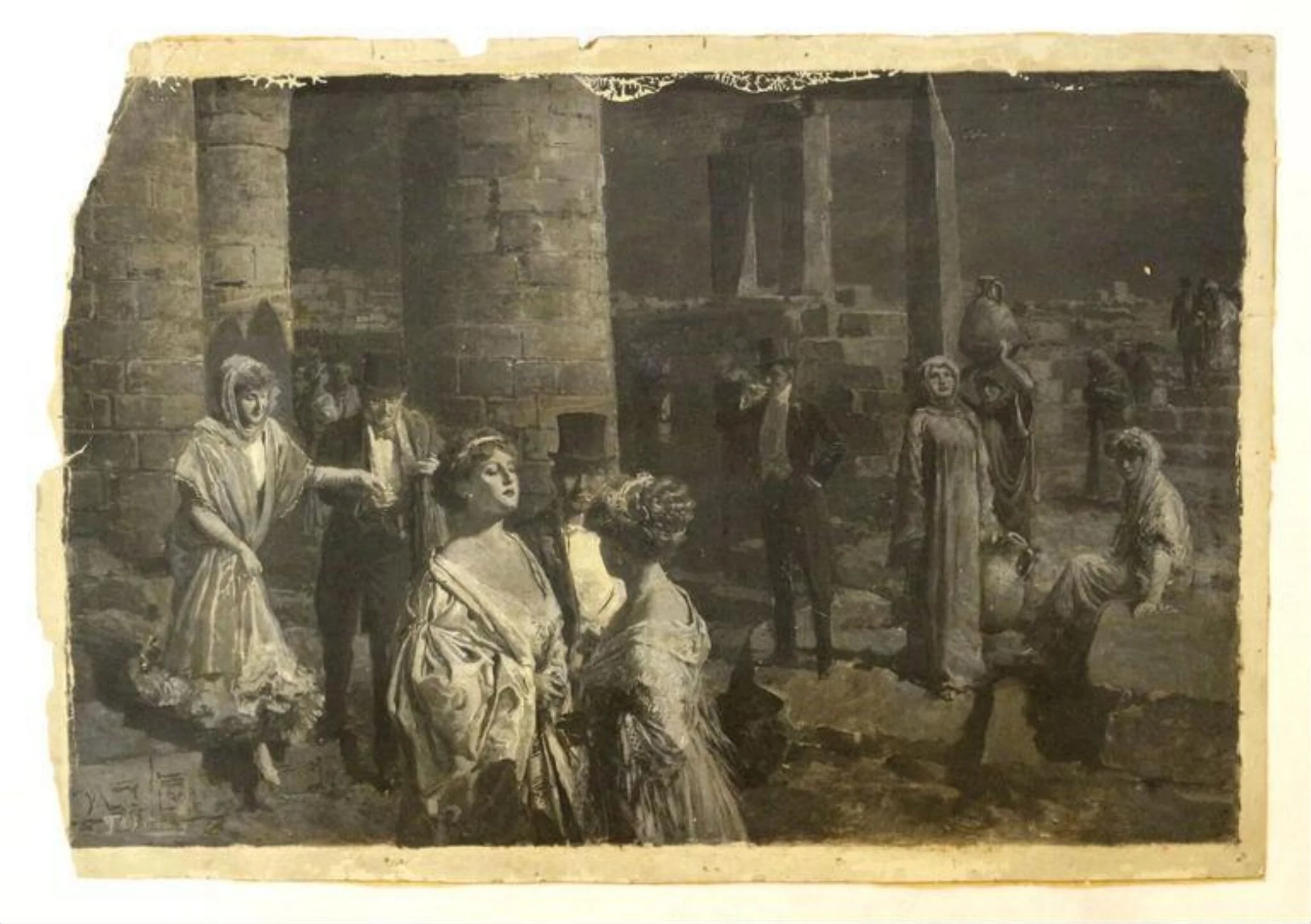 Oil painted study of an unidentified theatrical scene in Egypt, by Fortunino Matania, paint, 1950