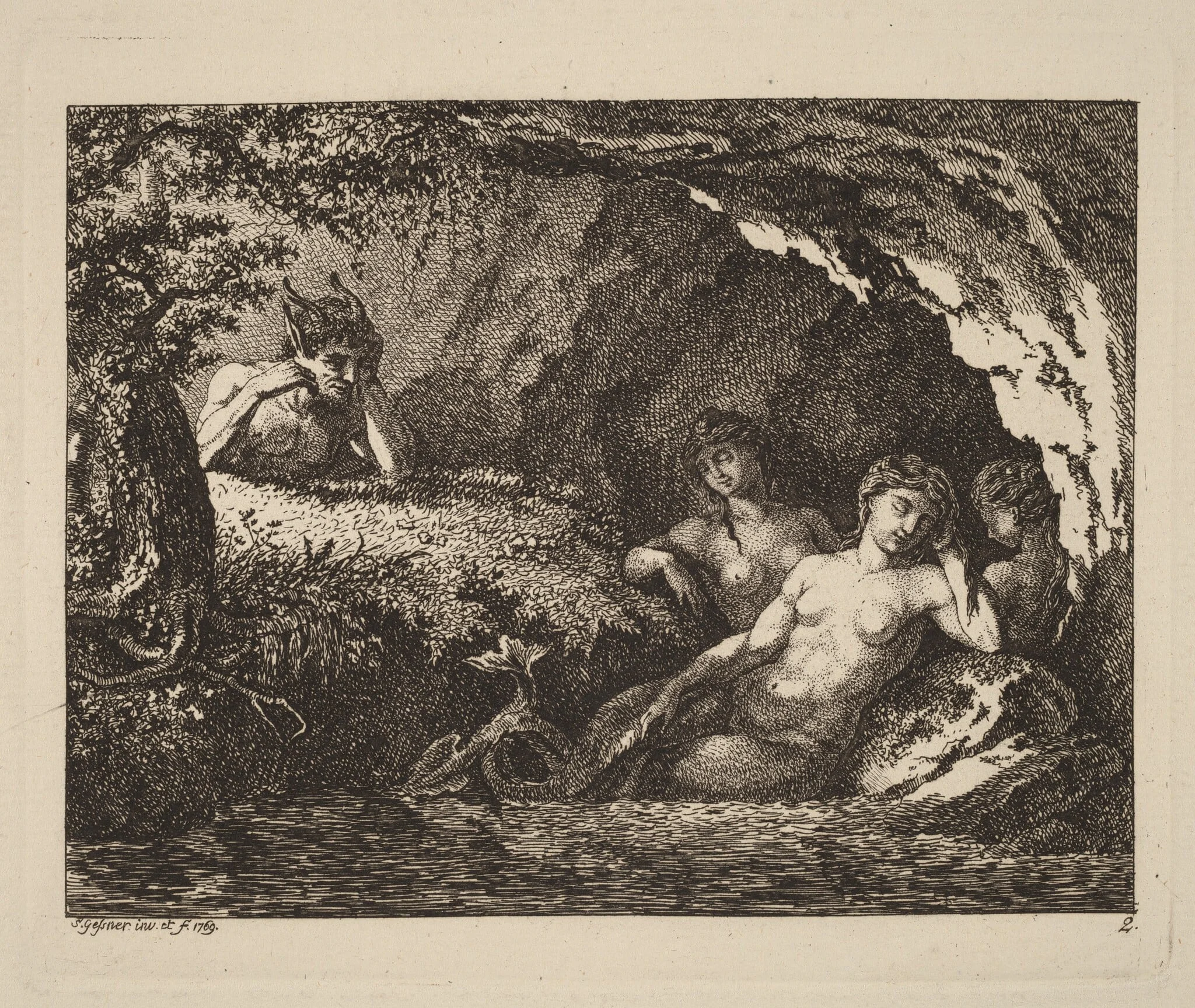 Three Sleeping Sprites with a Satyr, by Salomon Gessner, ink, 1769
