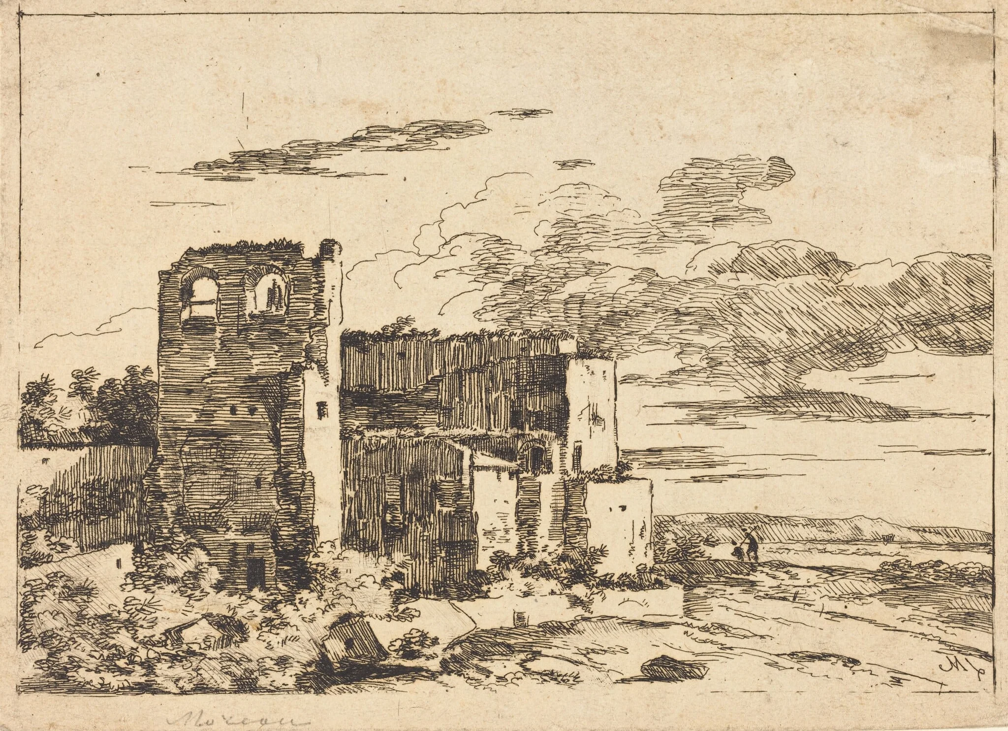 Ruined Buildings near a River Bank, by Louis Gabriel Moreau the Elder, ink, 1773