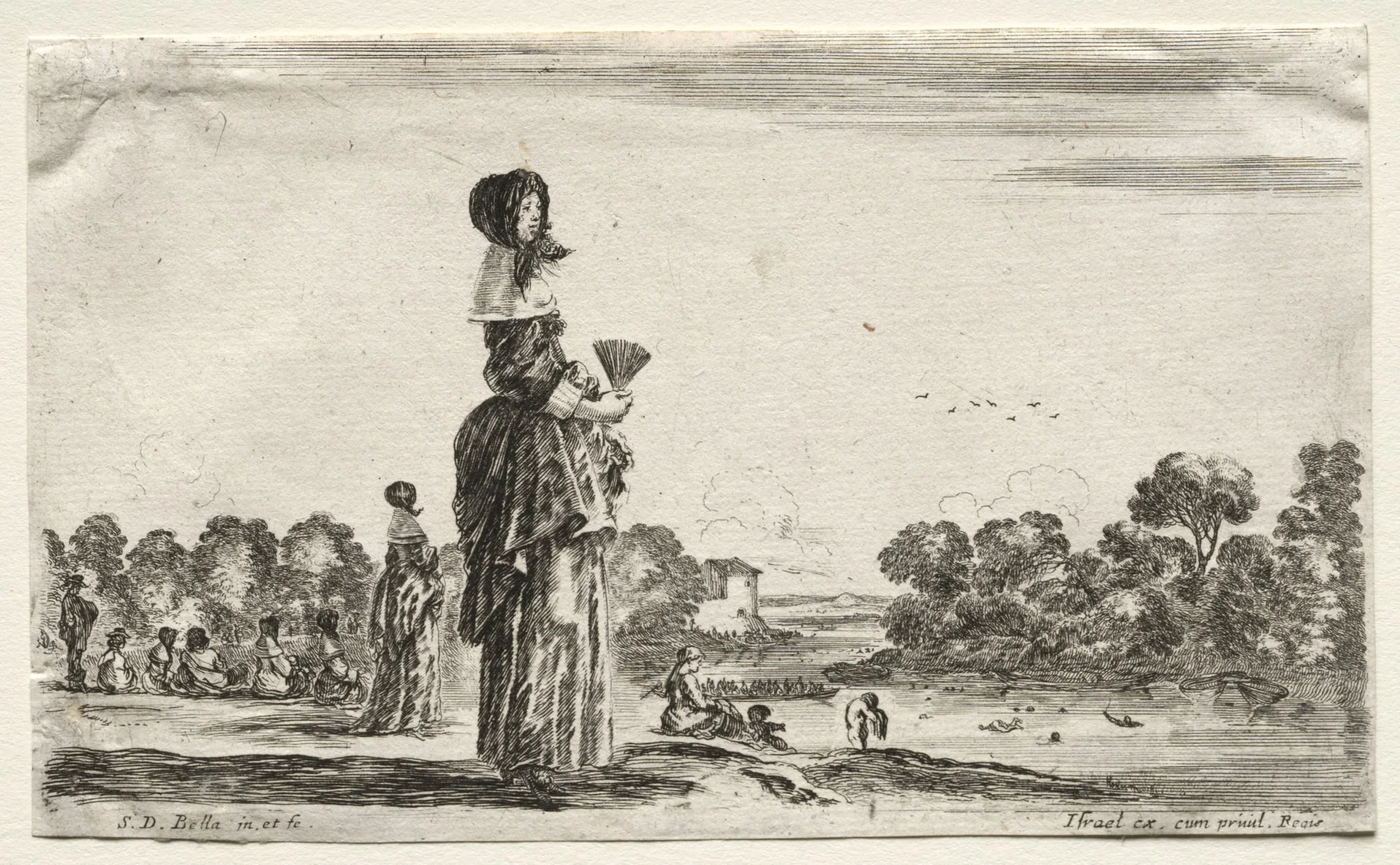 Various Figures and Landscapes:  Women Watching Bathers along a River, by Stefano Della Bella, 1649