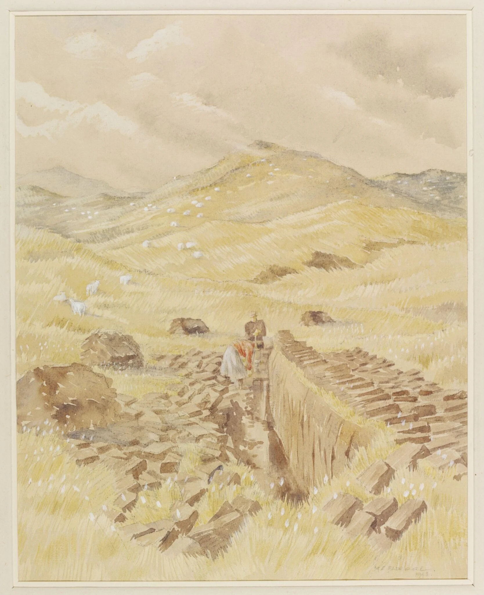 Peat Cutting, Cefn Coch, Montgomeryshire, by Mildred E. Eldridge, watercolor, 1943