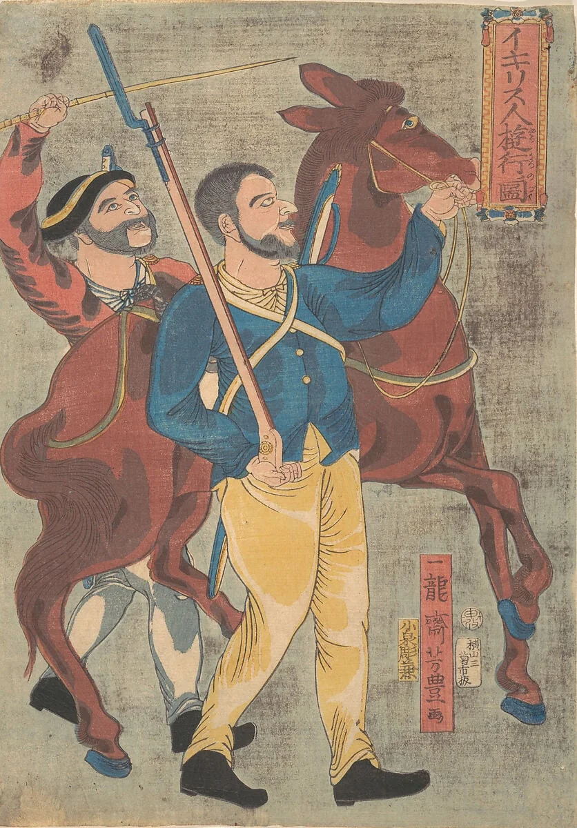 Igirisujin ryōkō no zu|Englishman Walking for Pleasure, by Ichiryūsai Yoshitoyo, ink, 12