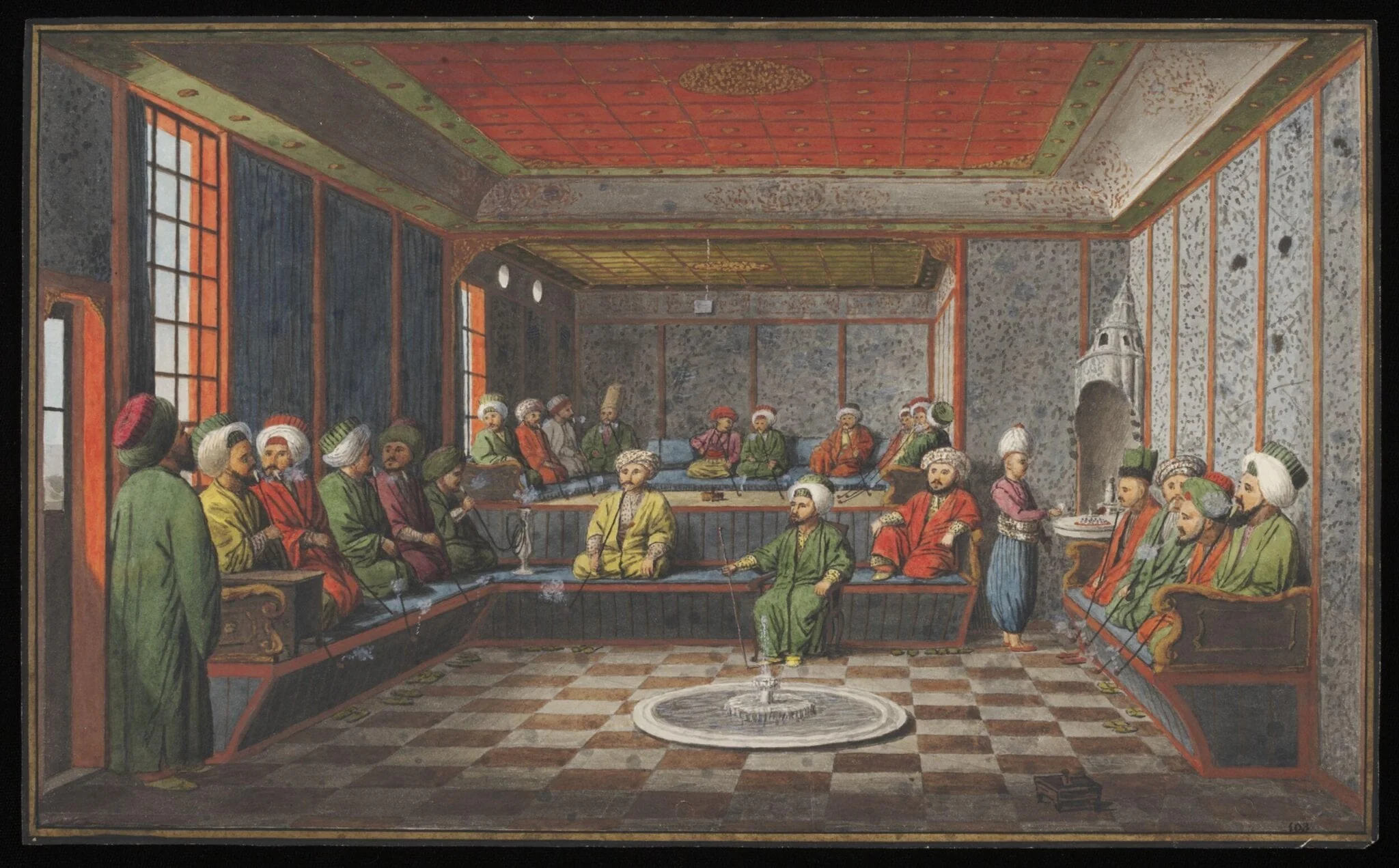 Scene in a kahvehane or coffee house, by Anonymous Greek artist, watercolor, 1809