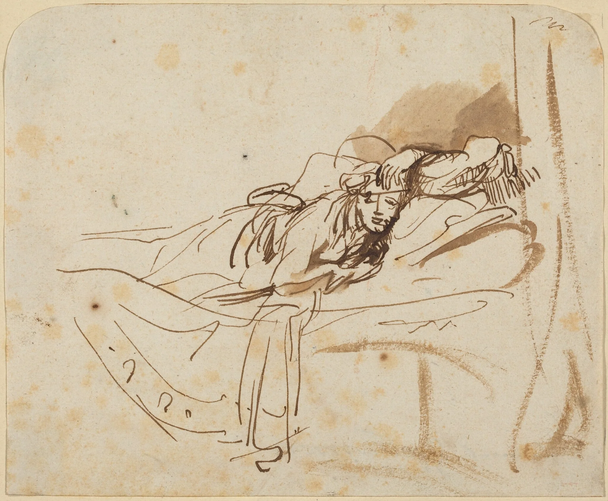 Saskia(?) Lying in Bed, by Rembrandt, ink, 1638