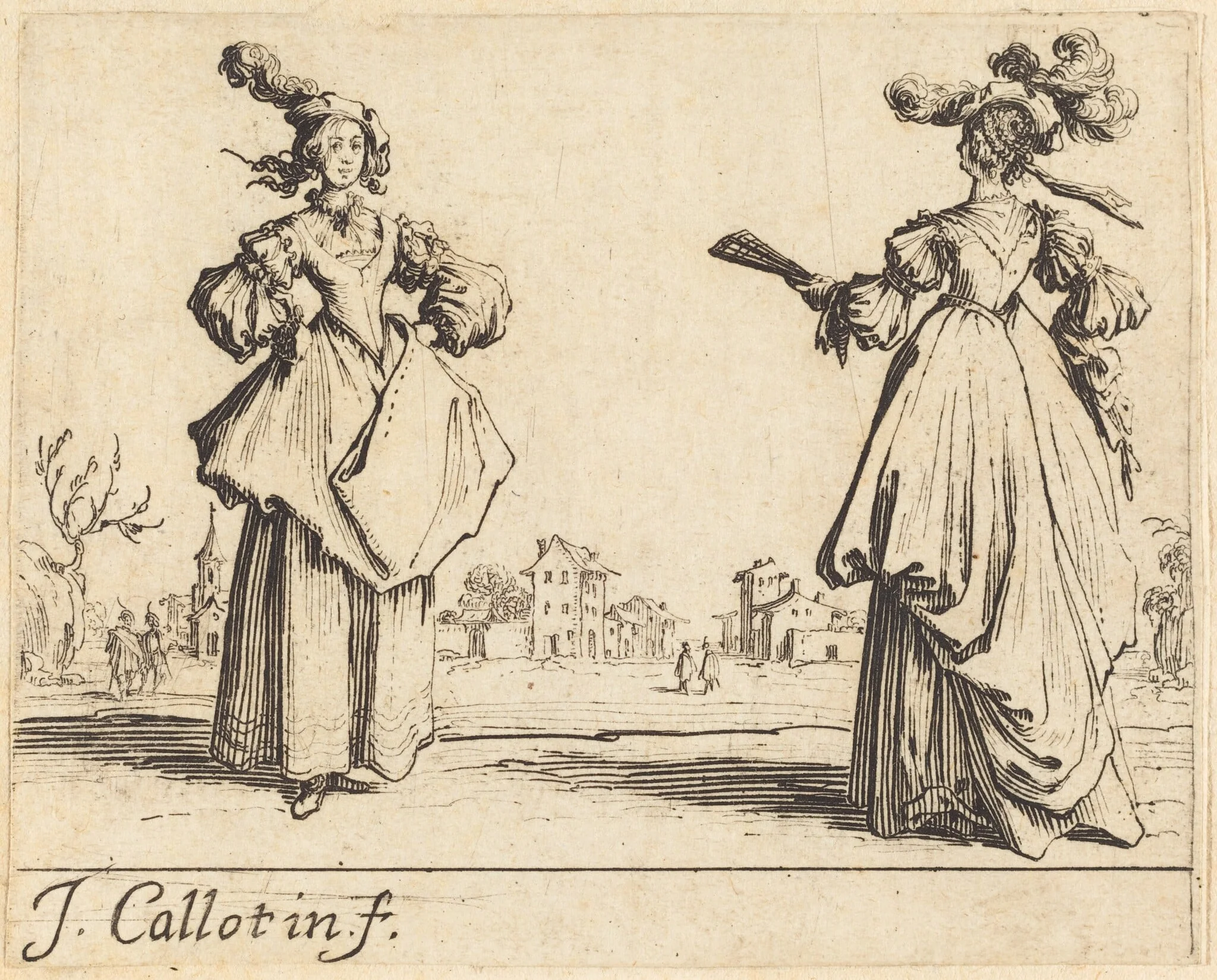 Two Society Women, by Jacques Callot, ink, 1623