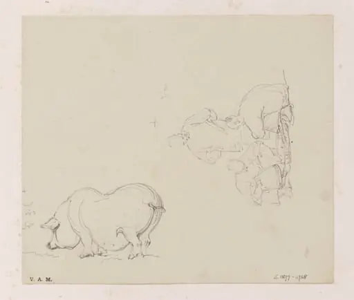 A pig, and a trio of figures with a basket