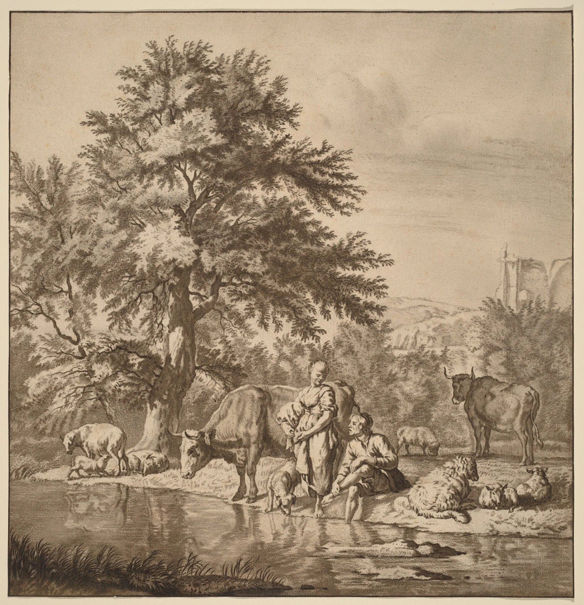 Shepherd and Shepherdess with Their Flock