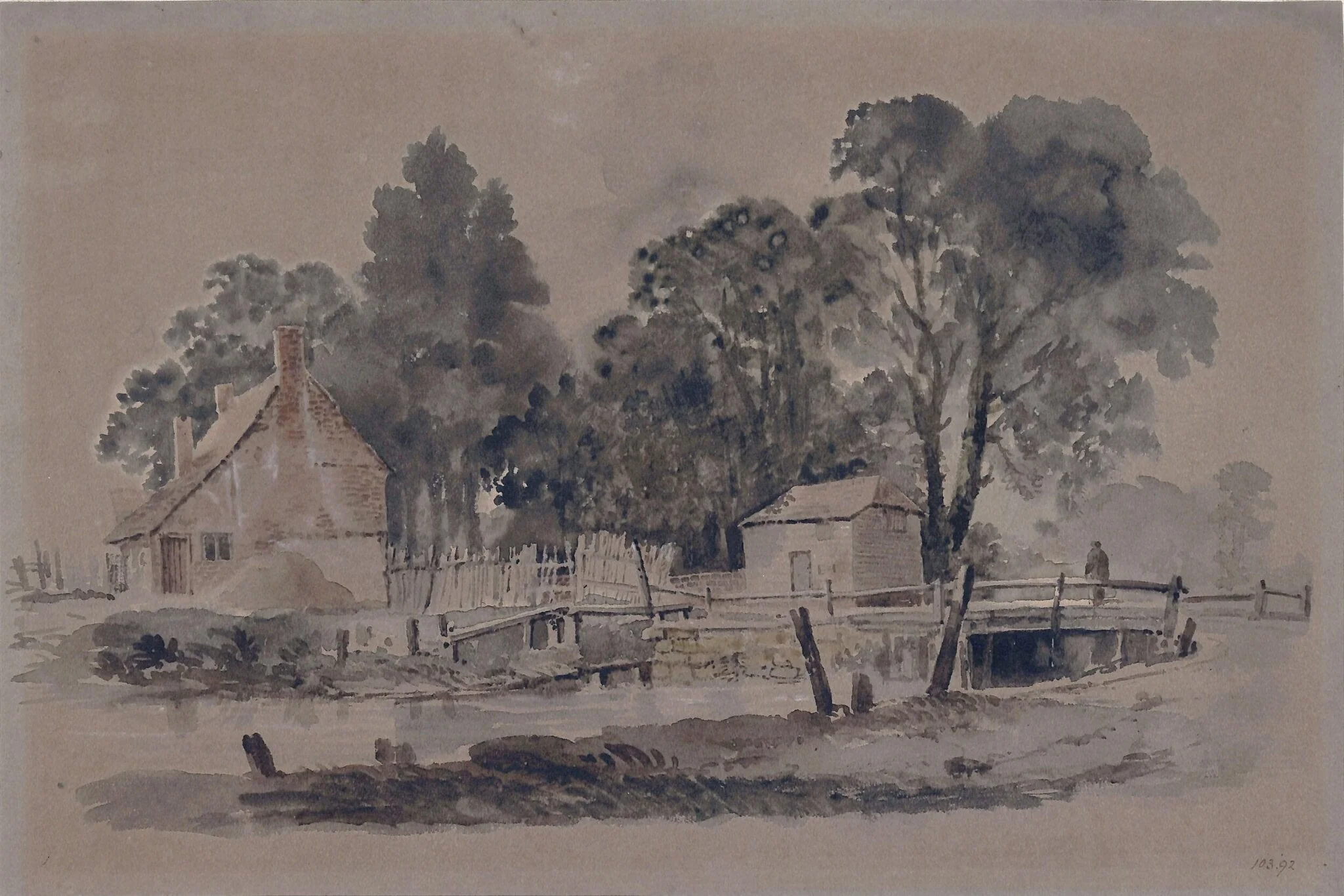 Stream with bridge and cottages