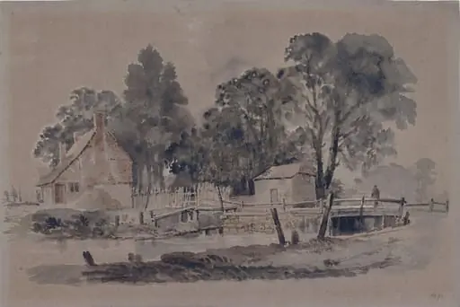 Stream with bridge and cottages