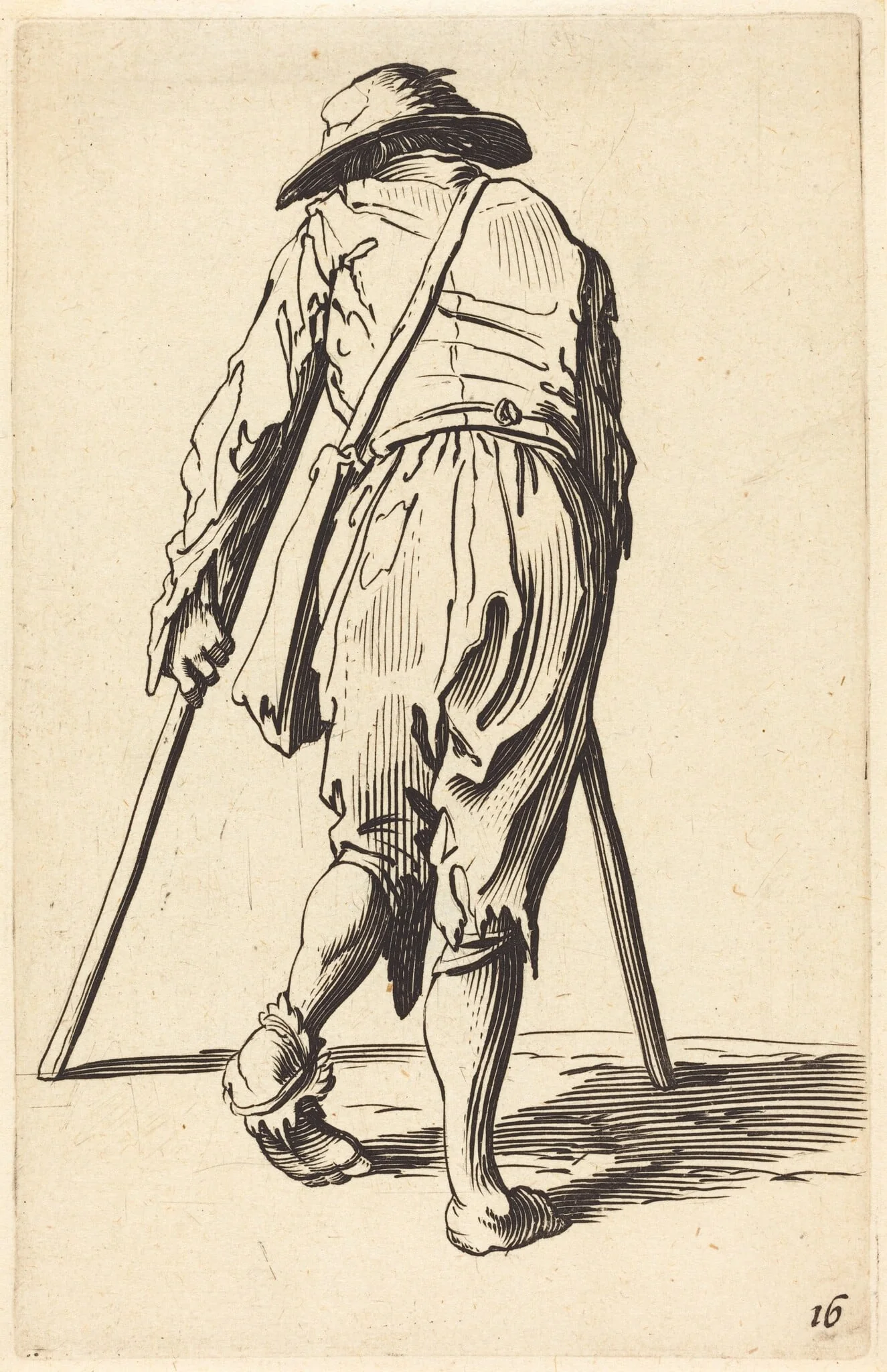 Beggar with Crutches and Hat, Back View, by French 17th Century, ink, 1622